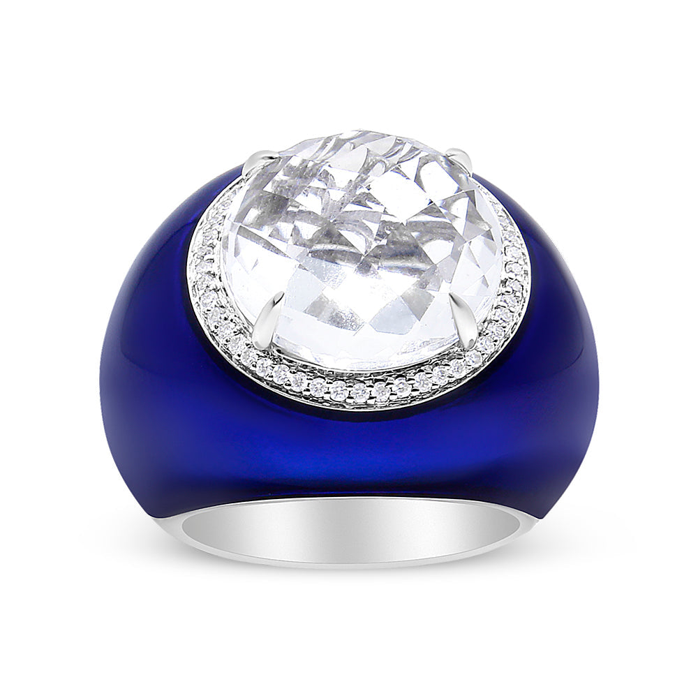 Anillo de cúpula de oro blanco de 18K con cuarzo blanco de 14mm, halo de diamantes de 1/5 Cttw y esmalte azul (color F-G, claridad VS1-VS2) - Talla de anillo 7