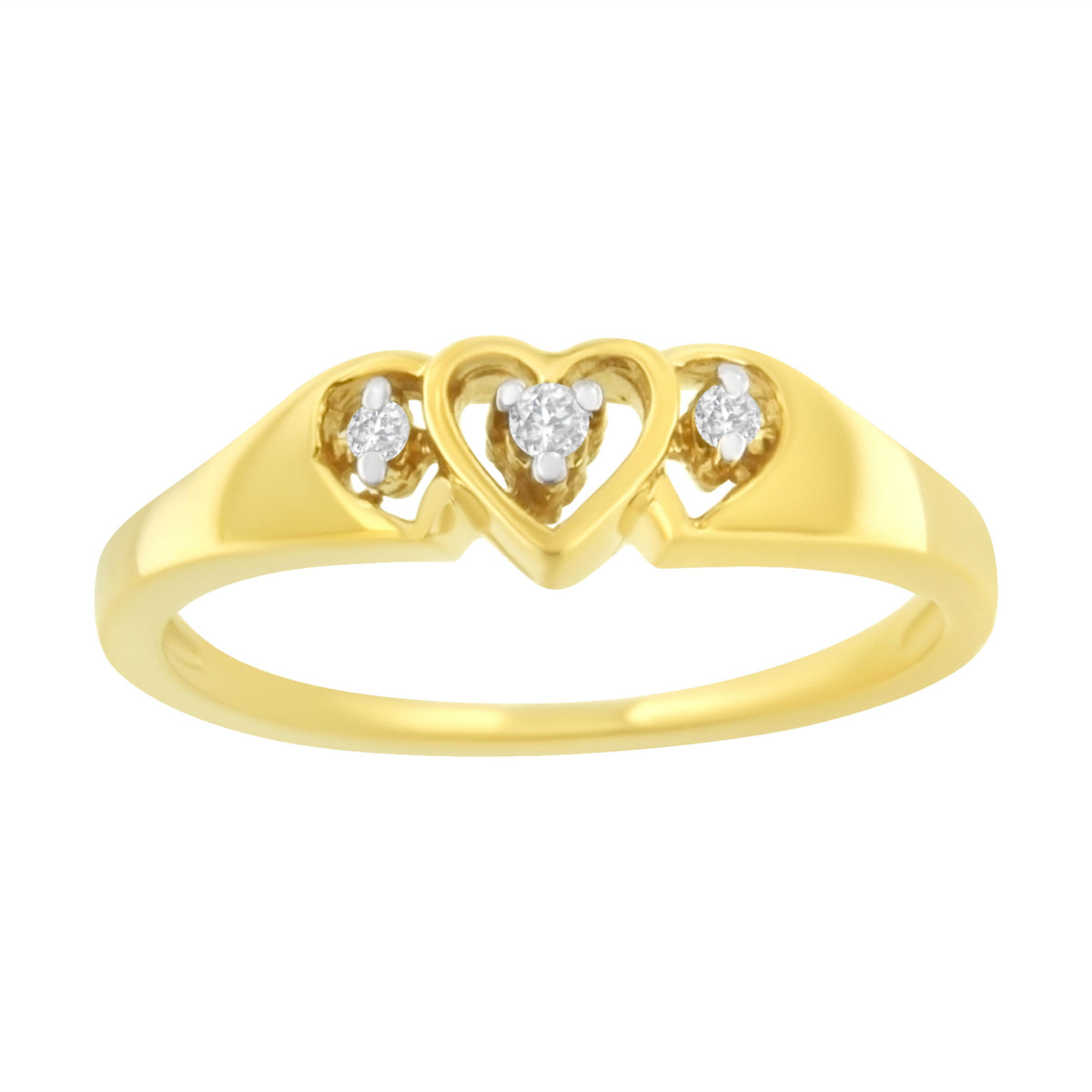 Anillo de oro amarillo de 10 qt con tres corazones de diamante de 1/20 qtc (K-L, I1-I2) - Talla 7