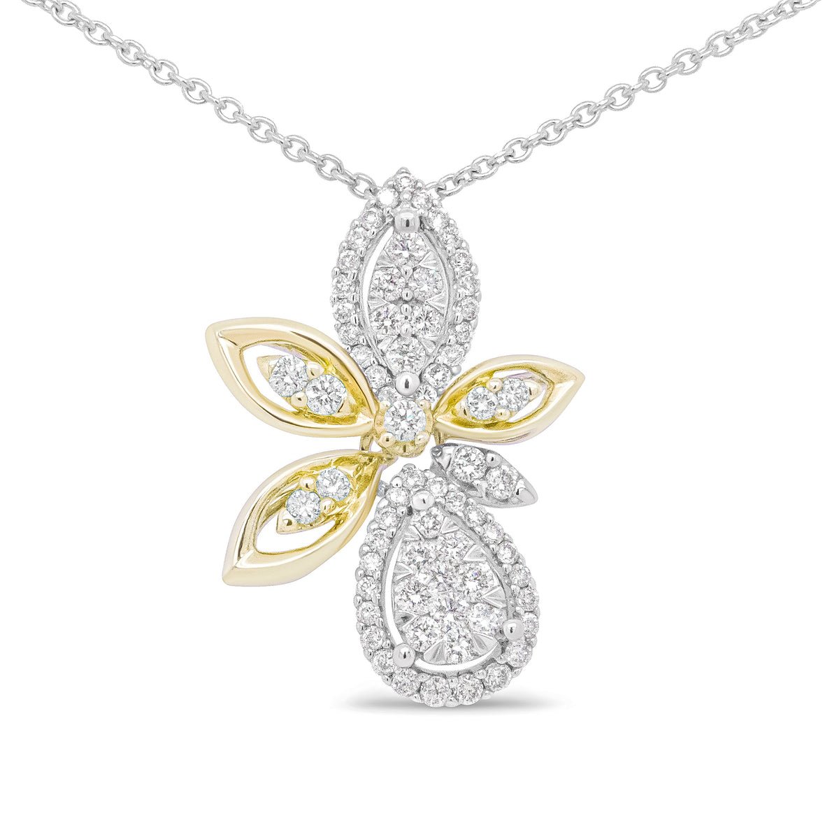 Collar con colgante de oro blanco y amarillo de 14K con diamantes redondos de 5/8 Cttw estilo marquesa floral de 45 cm (Color H-I, Claridad I1-I2)