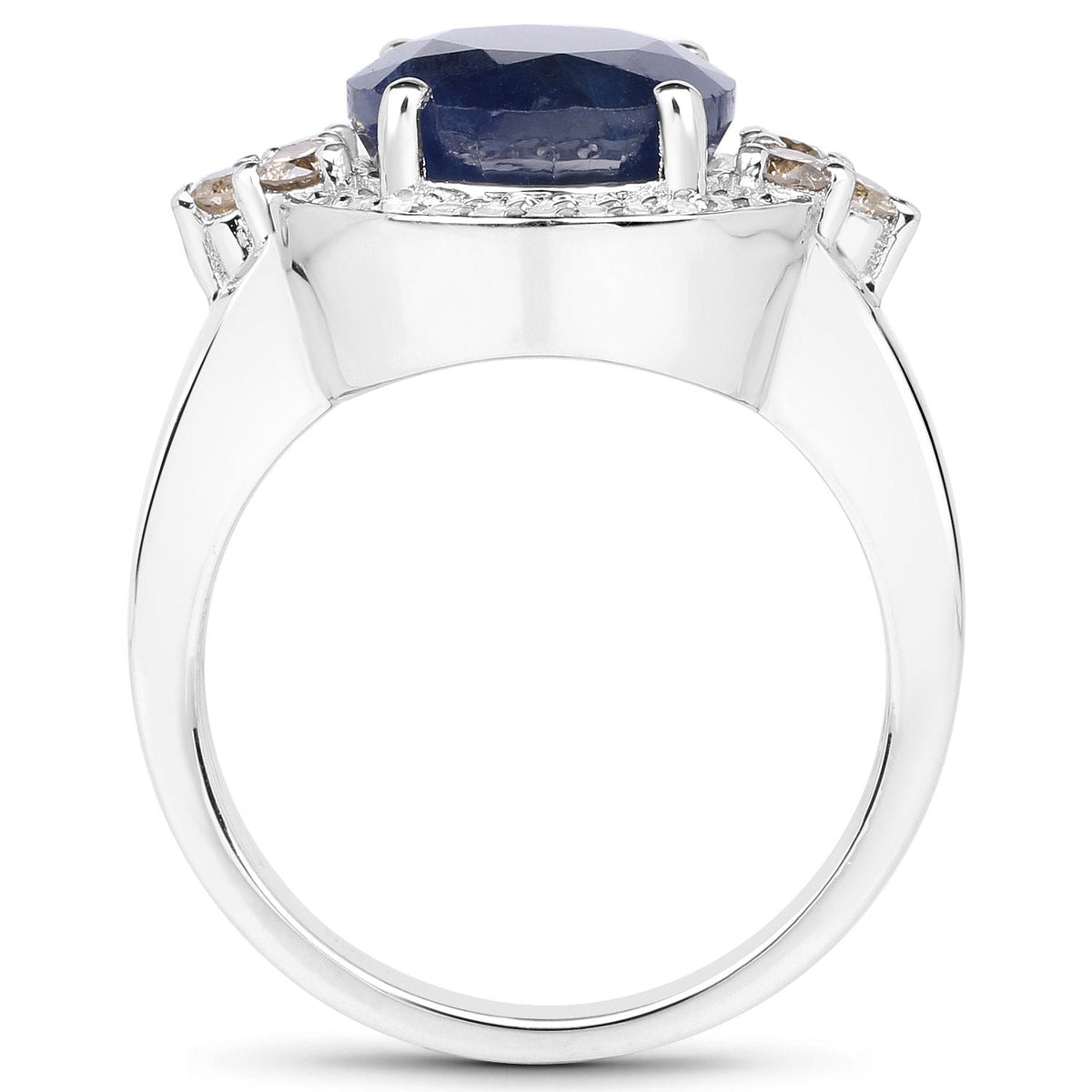 Anillo de plata de ley .925 con zafiro azul genuino de 4.10 quilates, diamante champagne y diamantes blancos