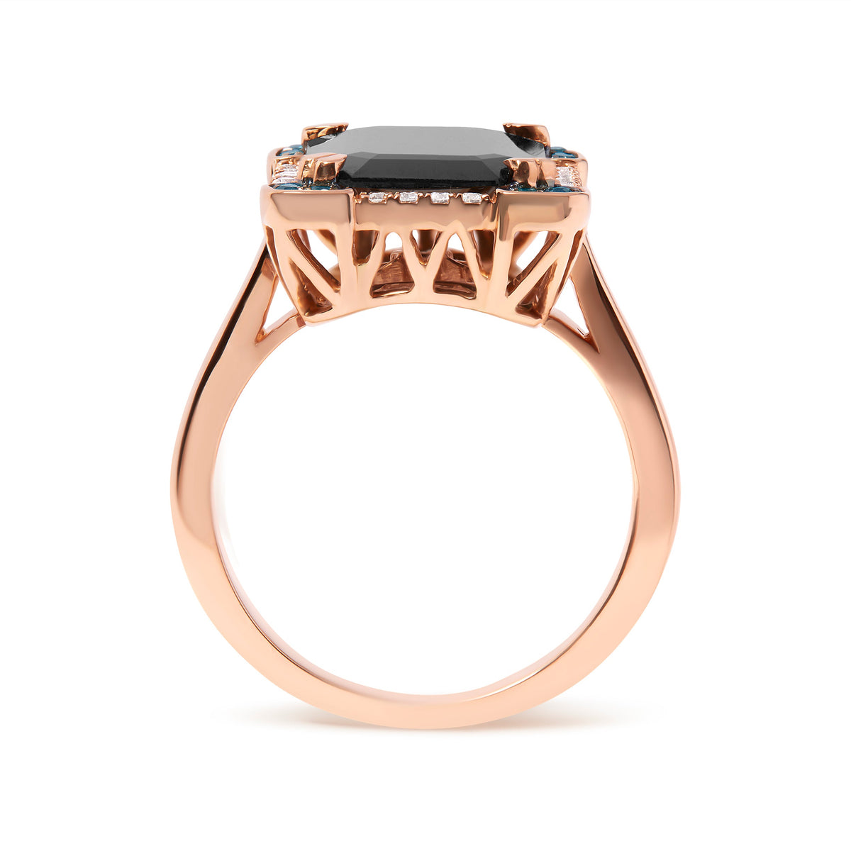 Anillo de cóctel de oro rosa de 14 quilates con ónix negro talla esmeralda de 15x10 mm y halo de diamantes azules y blancos de 1/5 quilates (color G-H, claridad SI1-SI2) - Talla 7