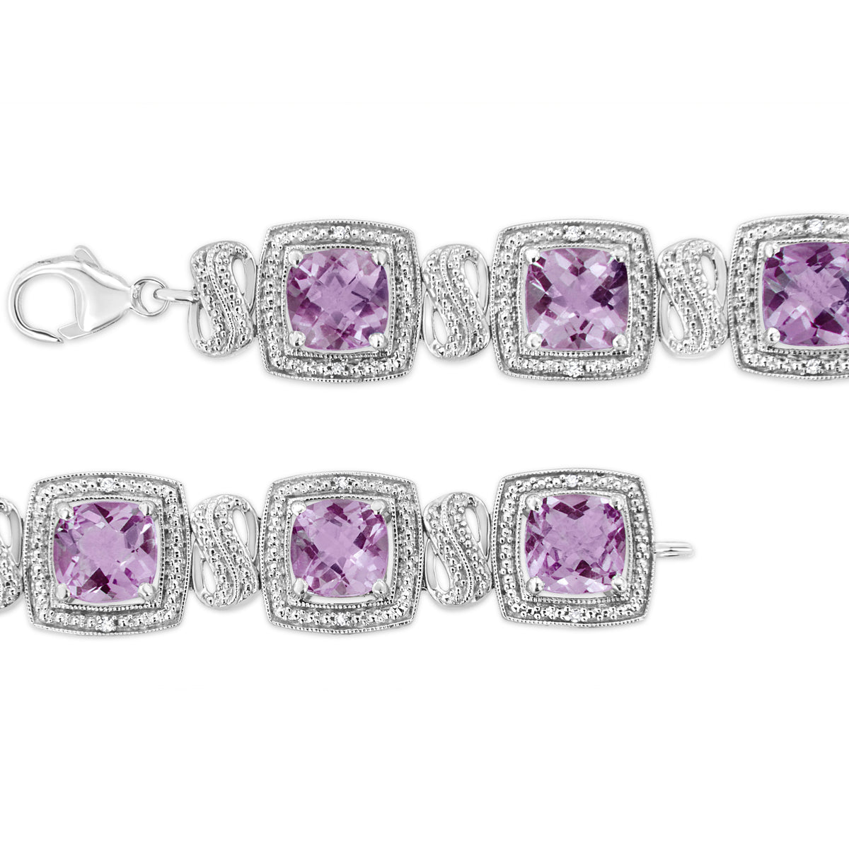 Pulsera de tenis de plata de ley .925 de 7x7 mm con amatista púrpura de corte cojín y diamante redondo de 1/10 cttw con forma cuadrada (color I-J, claridad I1-I2) - 7"