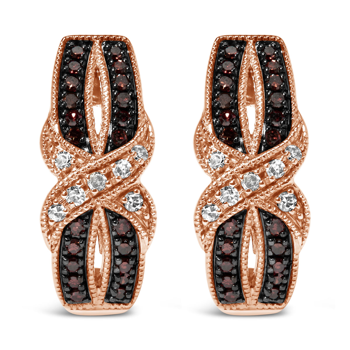 Pendientes de aro en J entrelazados con milgrain de oro rosa de 10K con diamantes blancos y marrones de 1/3 Cttw (color I-J, claridad I1-I2)