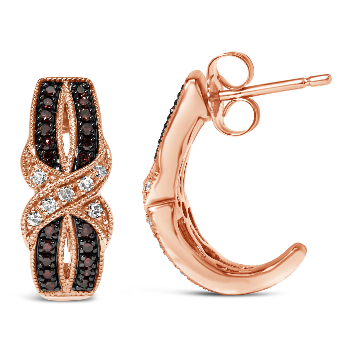 Pendientes de aro en J entrelazados con milgrain de oro rosa de 10K con diamantes blancos y marrones de 1/3 Cttw (color I-J, claridad I1-I2)