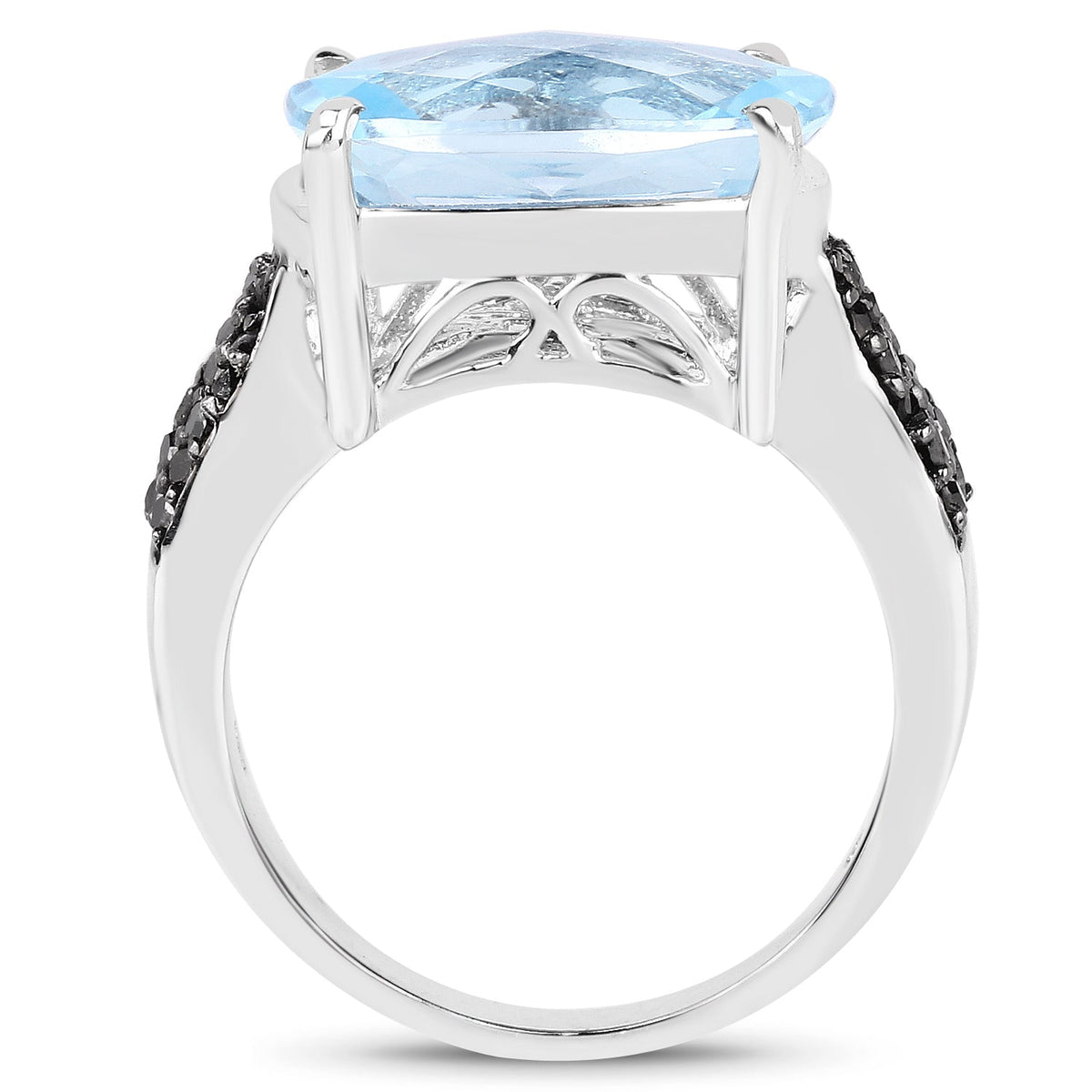 Anillo de plata de ley .925 con topacio azul suizo auténtico de 3.96 quilates y diamantes negros
