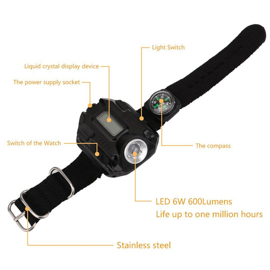 Watch with LED Flashlight - Time Display and Compass - Waterproof