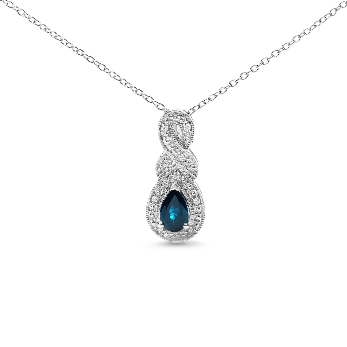 Collar con colgante de plata de ley .925 con forma de pera de 6x4 mm con zafiro y detalles de diamante en forma de infinito, 45 cm (color H-I, claridad SI1-SI2)
