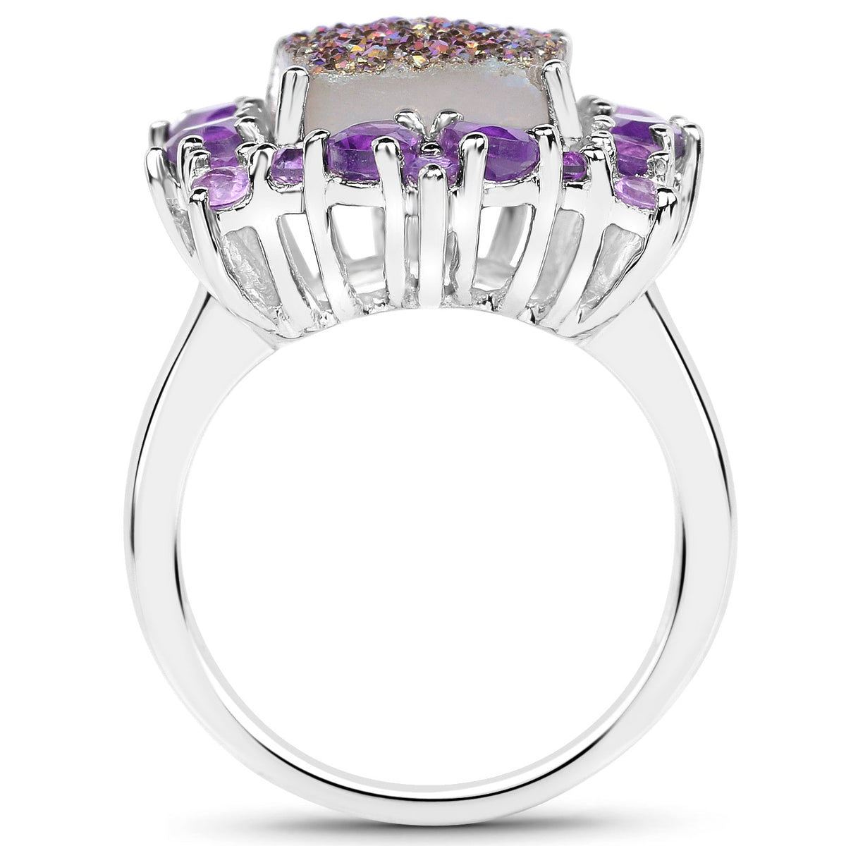 Anillo de plata de ley .925 con amatista y cuarzo drusa auténtico de 5.97 quilates