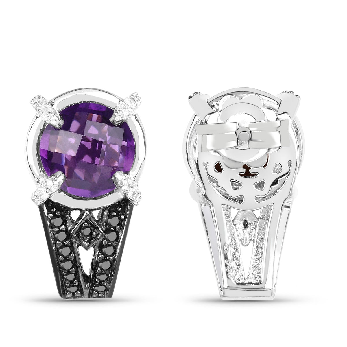 Pendientes de plata de ley .925 con amatista genuina de 3,61 quilates, diamantes negros y diamantes blancos