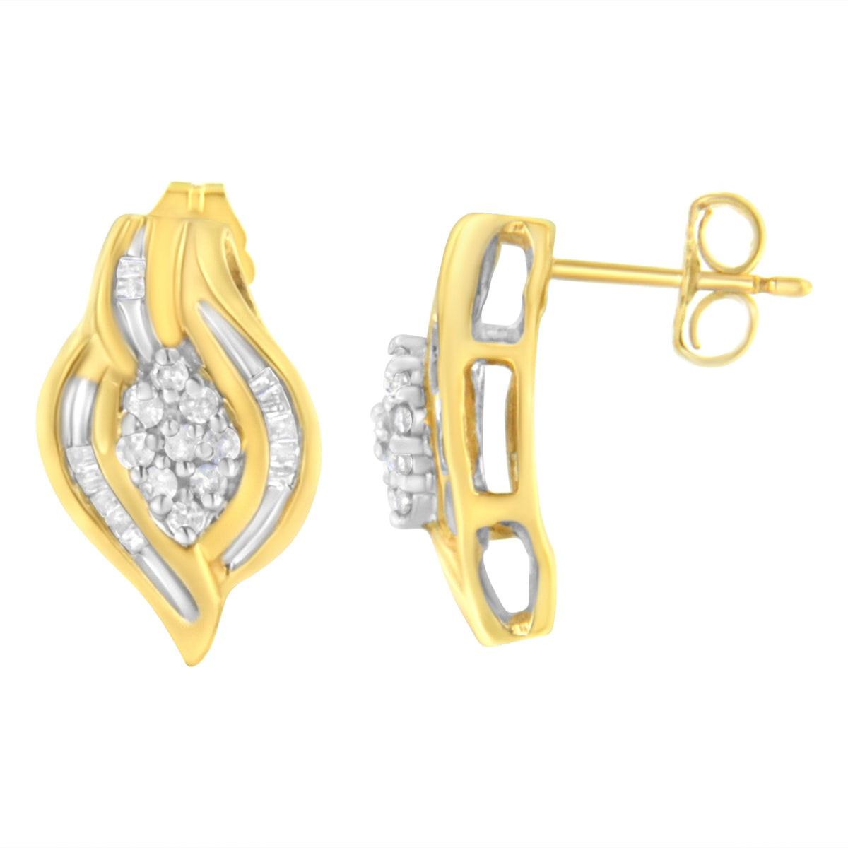 Pendientes de botón en oro amarillo de 10 qt con diamantes de talla redonda de 1/3 qt en forma de racimo y espiral (claridad J-K, color I2-I3)