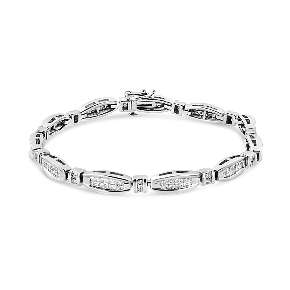 Pulsera de barra y eslabones de oro blanco de 14K con diamantes redondos y de talla princesa de 2.0 CTW (Color I-J, Claridad I1-I2) - 7.25 pulgadas