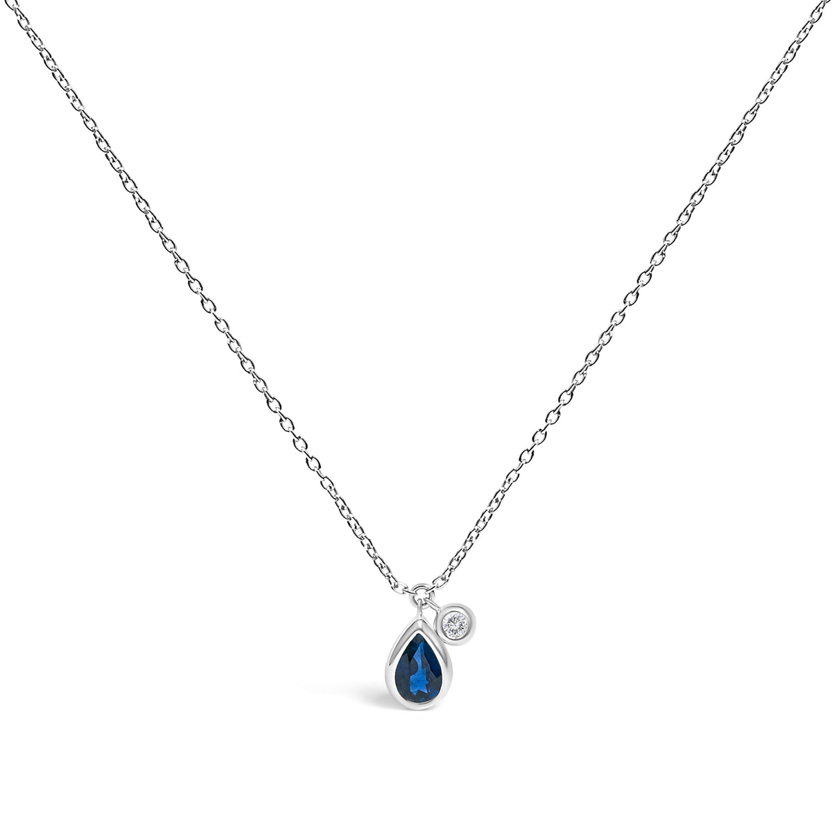 Collar con colgante de dije de zafiro azul pera de 6x4 mm y detalles de diamantes en oro blanco de 14 quilates - 18 pulgadas