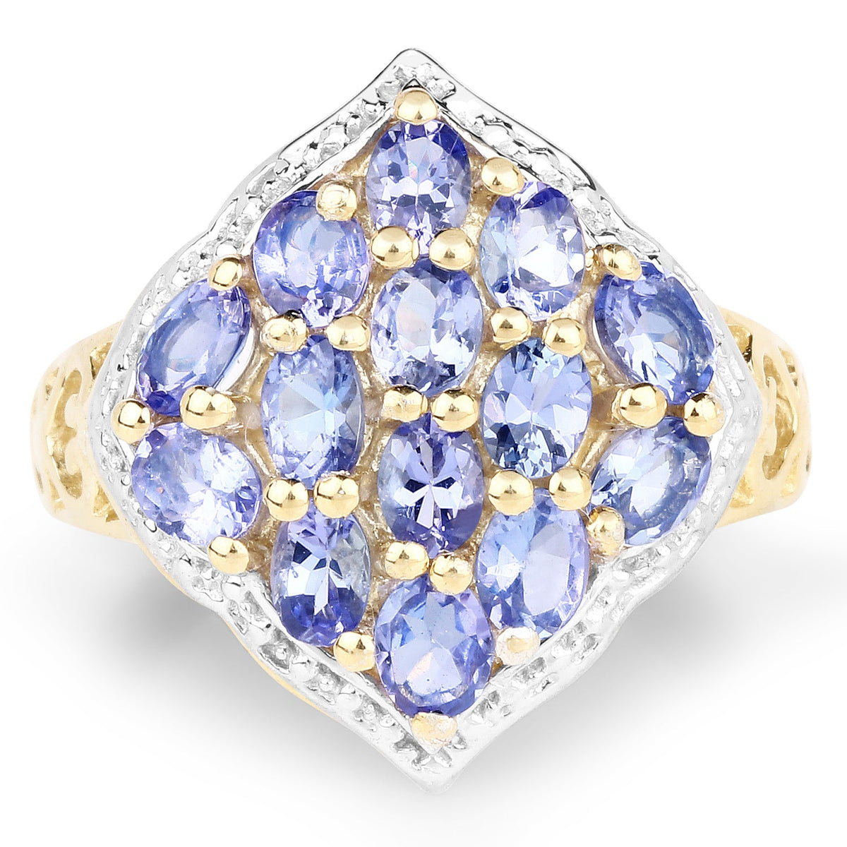 Anillo de plata esterlina .925 con tanzanita genuina de 2.38 quilates, chapado en oro amarillo de 14 quilates