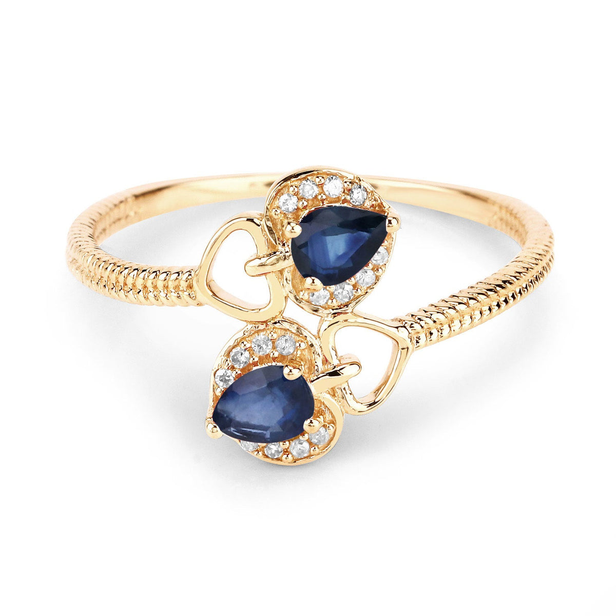 Anillo de oro amarillo de 14 quilates con zafiro azul auténtico de 0,34 quilates y diamantes blancos