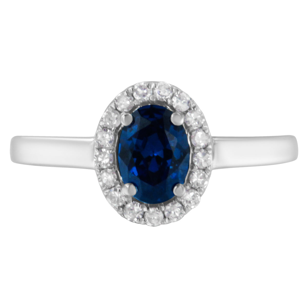 Anillo de cóctel de oro blanco de 10K, 1/5 quilates de diamante redondo y zafiro azul creado de 7MM engarzado con halo (color H-I, claridad I1-I2) - Talla 7