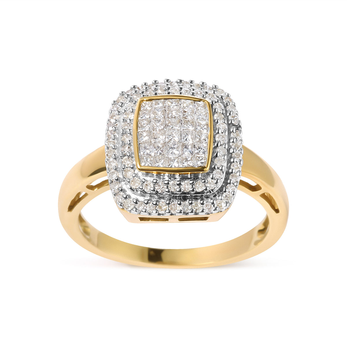 Anillo en oro amarillo de 10 qt con cabeza compuesta de diamantes redondos y talla princesa de 1/2 quilate en total y halo (color H-I, claridad SI1-SI2) - Talla 7