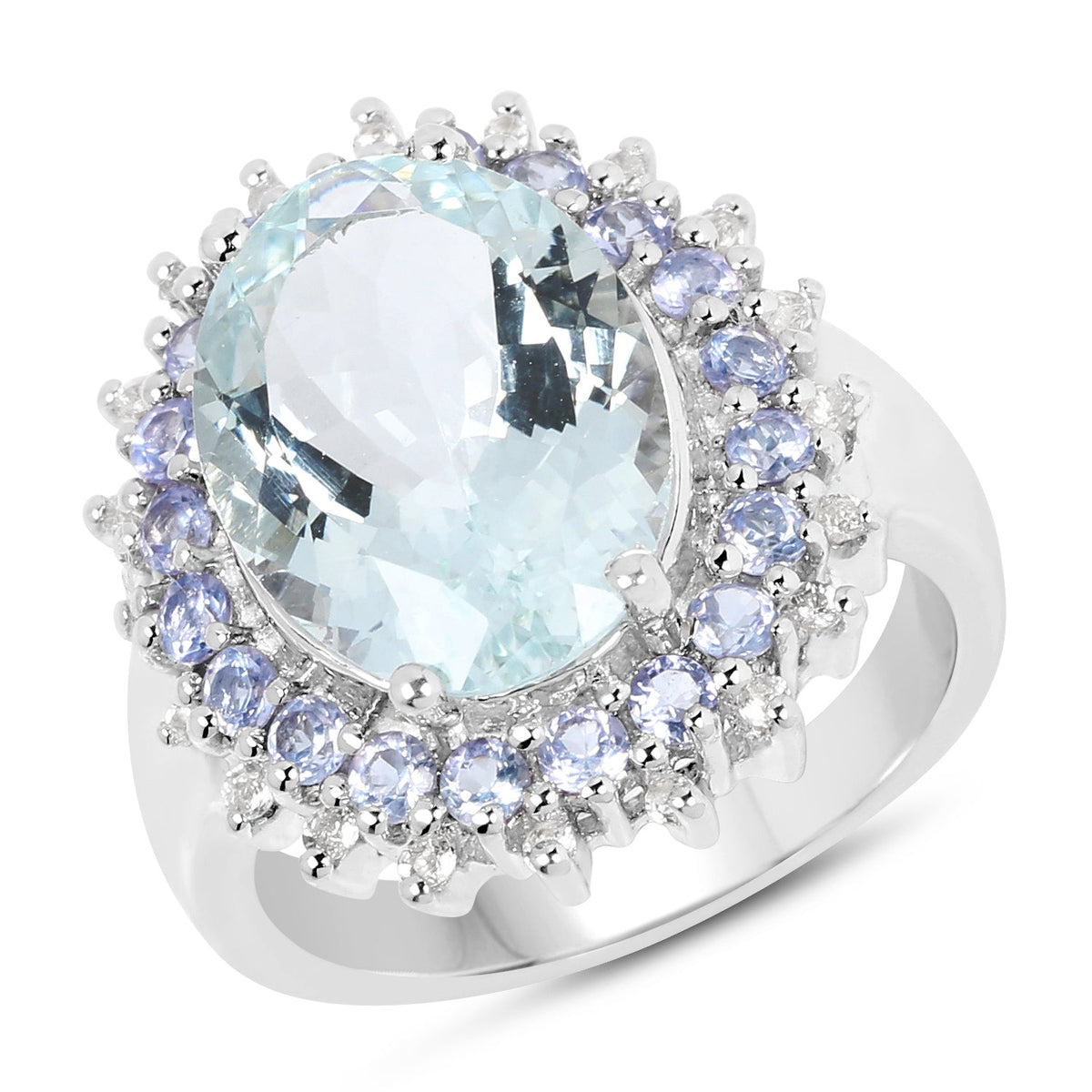 Anillo de plata de ley .925 con aguamarina genuina de 5.30 quilates, tanzanita y topacio blanco