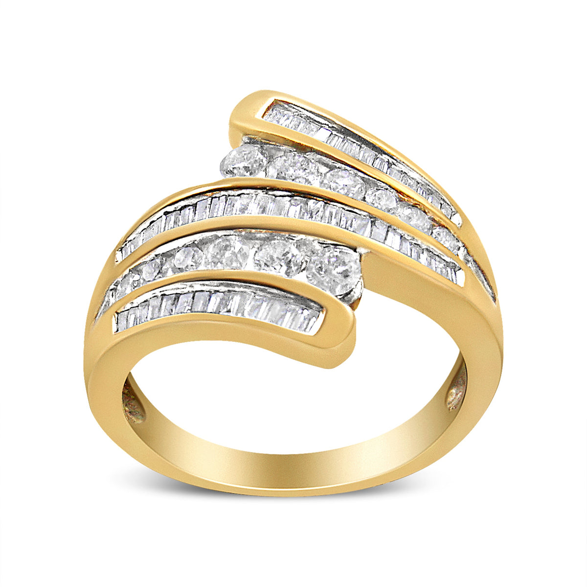 Anillo tipo banda de oro amarillo de 10 qt con diamantes redondos y talla baguette de 1 quilate (Color H-I, Claridad I1-I2) - Talla de anillo 7