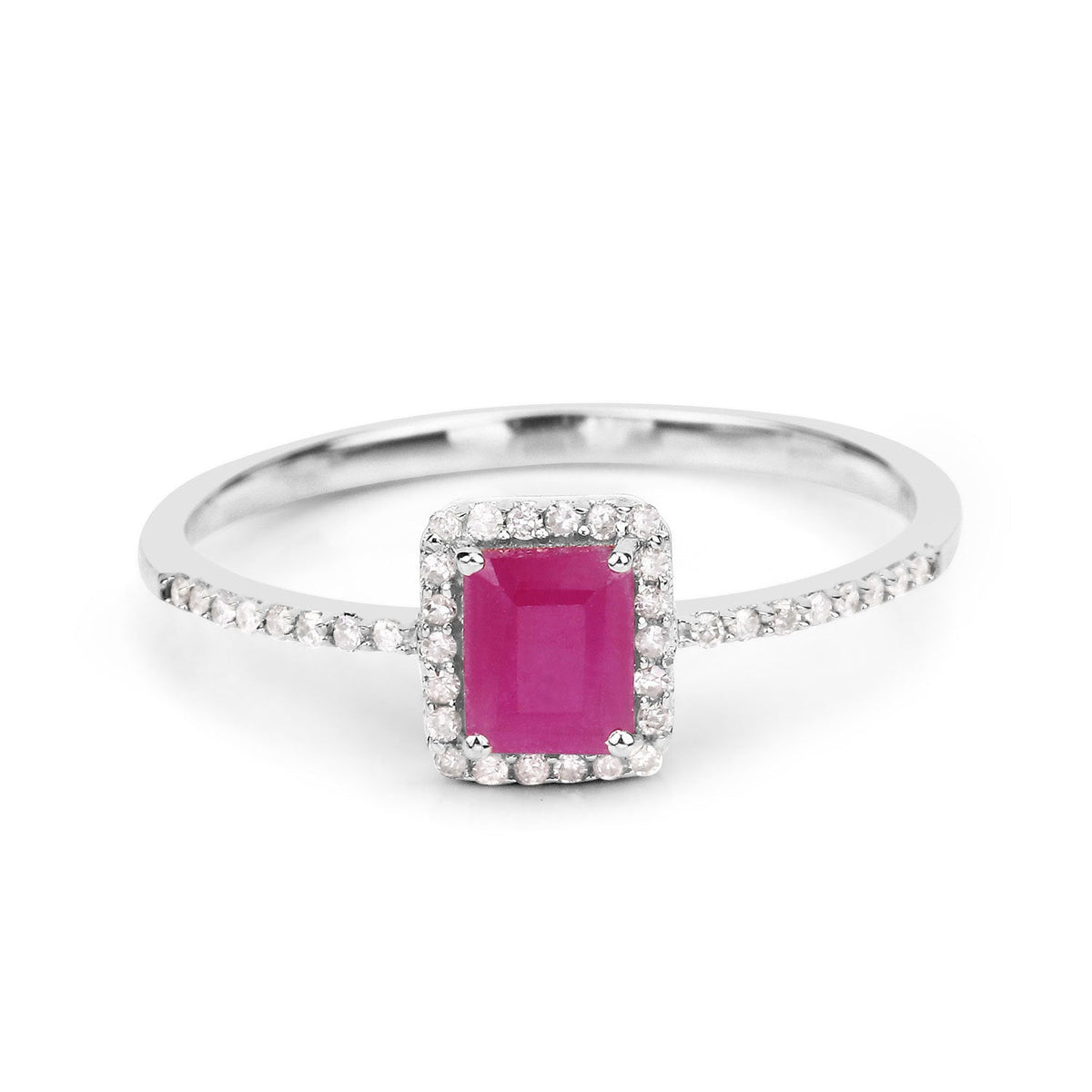 Anillo de oro blanco de 14K con rubí genuino de 0,58 quilates y diamantes blancos