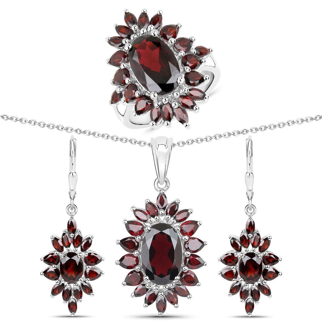Juego de joyas de 3 piezas de granate genuino de 20,24 quilates en plata de ley 925 (anillo, pendientes y colgante con cadena)