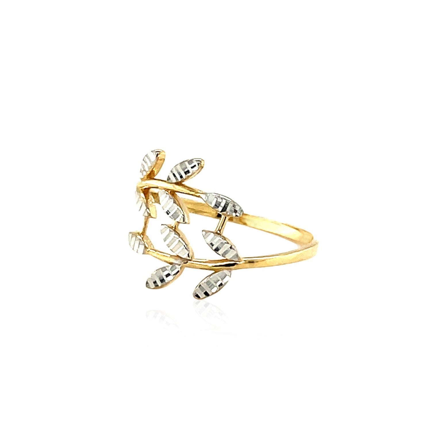 Anillo Crossover de Oro Bicolor de 14k con Hojas Texturizadas