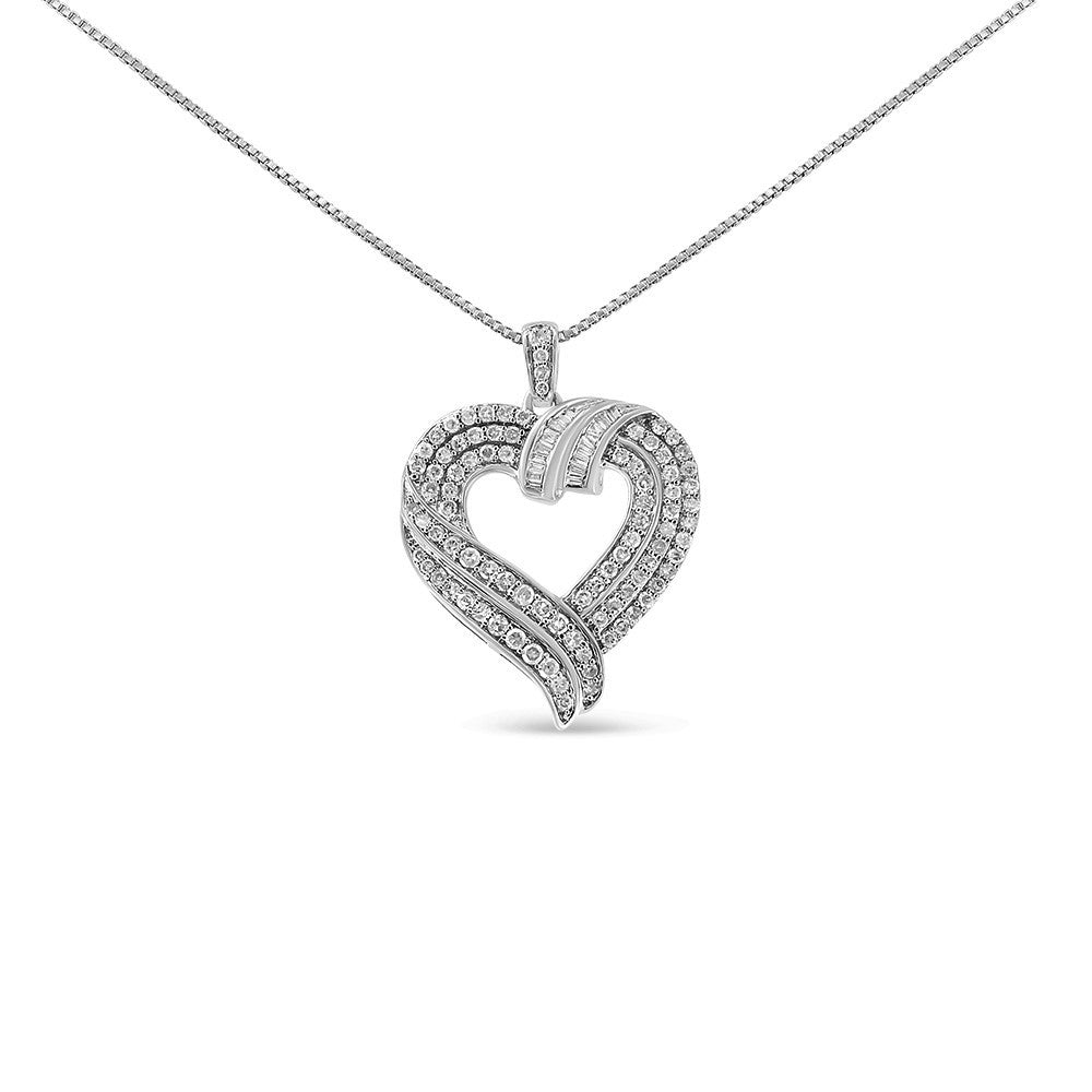 Collar con colgante de corazón abierto con diseño de diamante baguette de 1,00 Cttw en plata de ley .925 chapada en oro amarillo de 14K, 45,72 cm (color I-J, claridad I1-I2)
