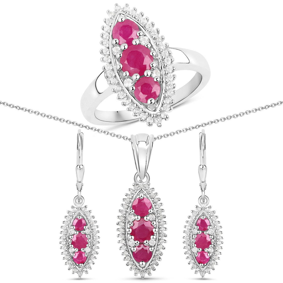 Juego de joyas de 3 piezas de plata esterlina .925 con rubí genuino de 4.32 quilates y topacio blanco (anillo, pendientes y colgante con cadena)