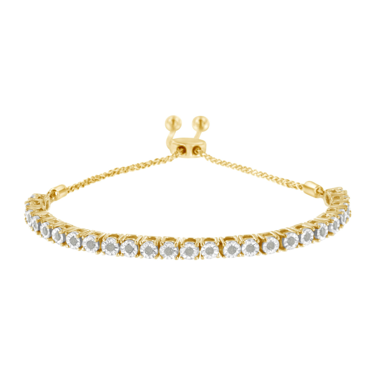Pulsera de tenis ajustable tipo bolo de 10-25 cm de oro amarillo de 10 quilates sobre plata de ley .925 con diamante de 0,25 quilates engastado en ilusión (color I-J, claridad I3)