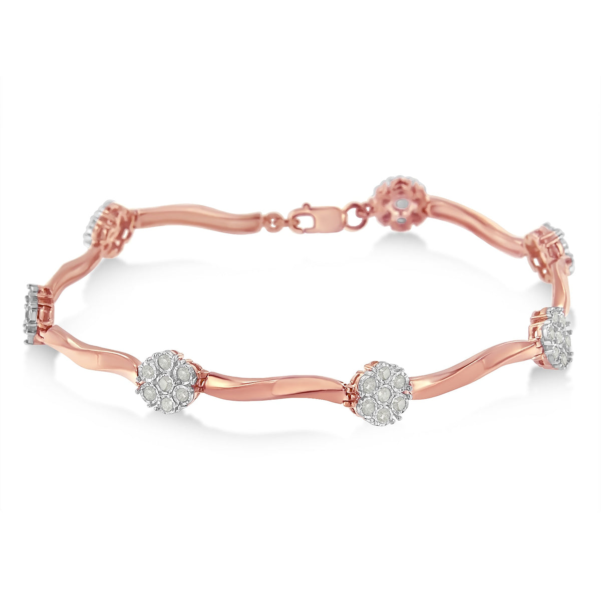Pulsera .925 de oro rosa de 10k sobre plata de ley con eslabones florales de diamante de 1,0 quilates (color I-J, claridad I3)