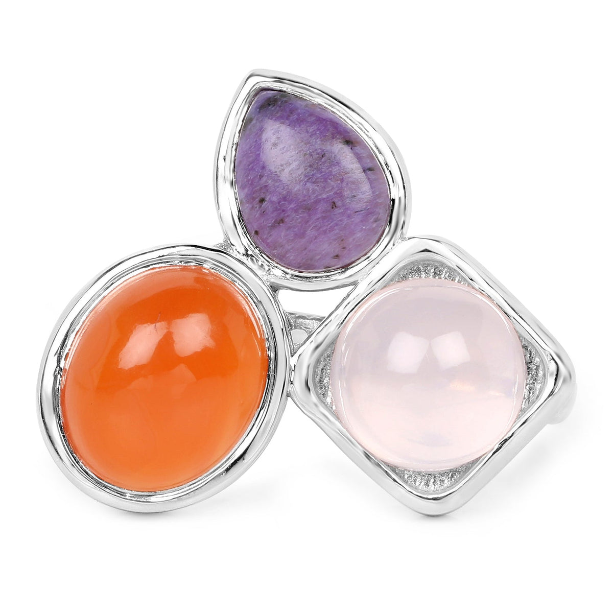 Anillo de plata de ley .925 con cuarzo rosa, cornalina y charoíta genuinos de 5,21 quilates