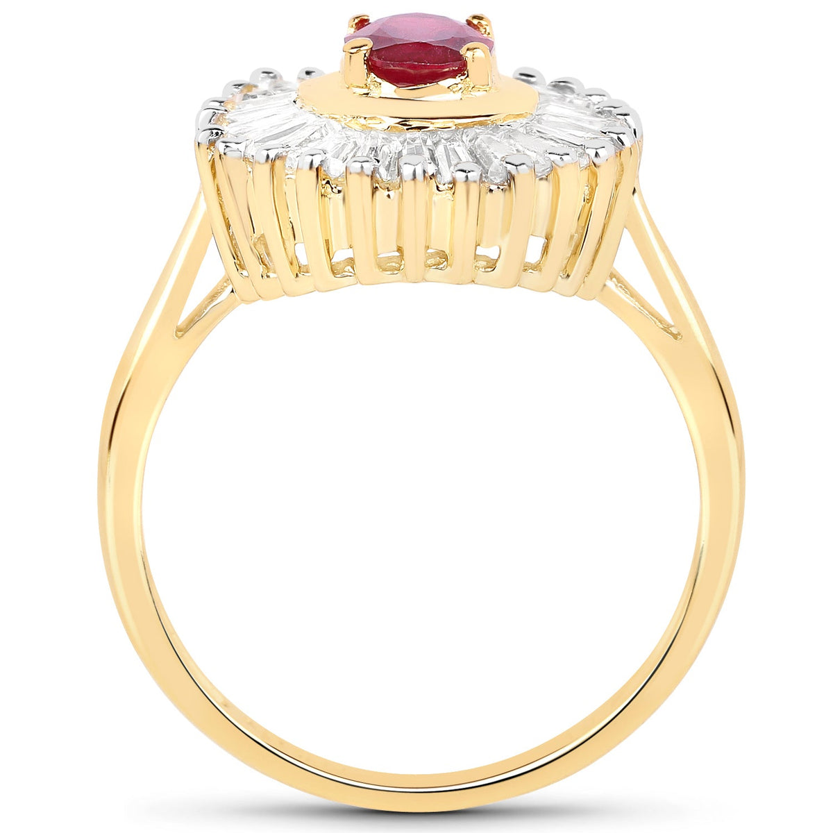 Anillo de plata de ley .925 con rubí con relleno de vidrio de 2,44 quilates y topacio blanco, chapado en oro amarillo de 14K