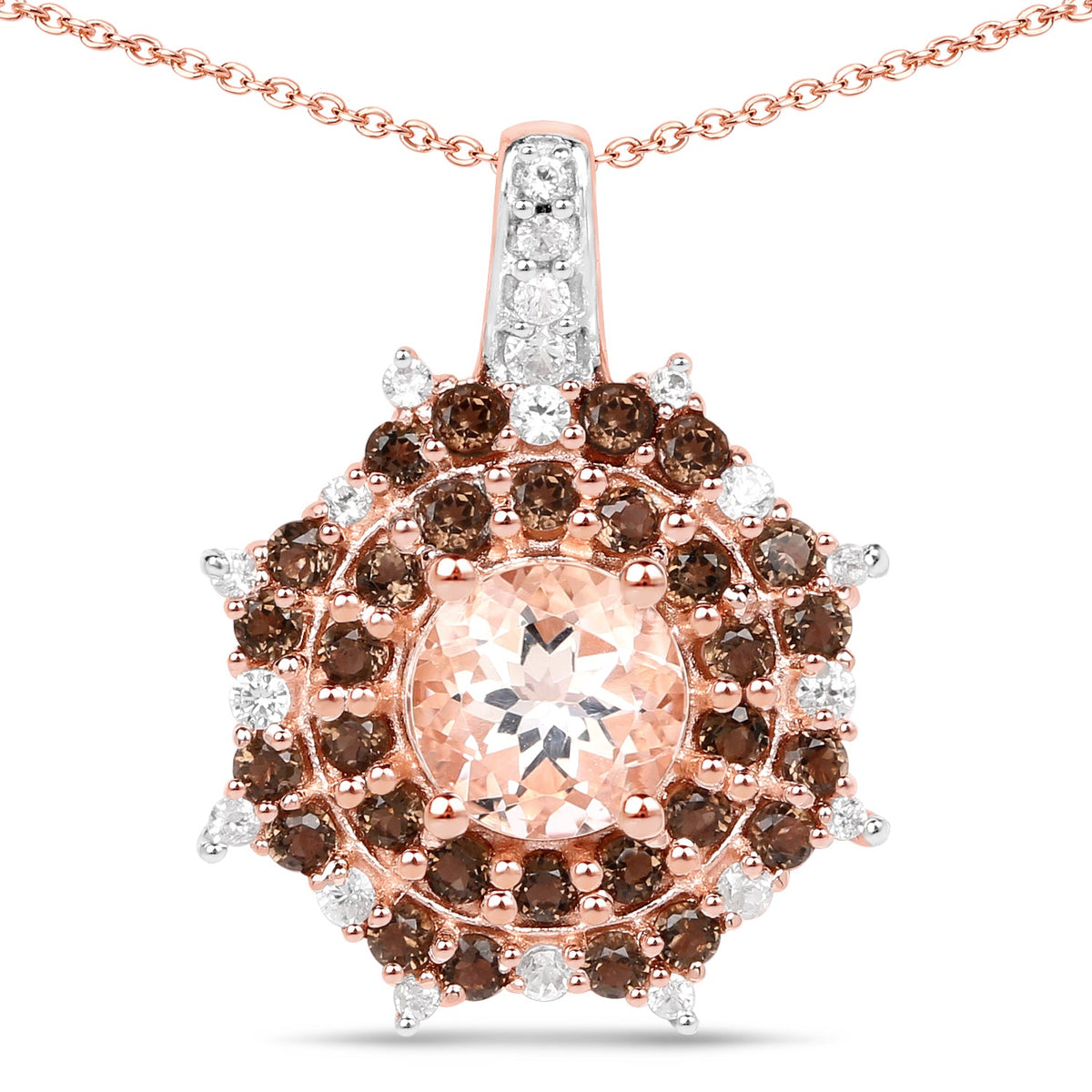 Colgante de plata de ley 925 chapado en oro rosa de 18 quilates con morganita auténtica de 1,61 quilates, cuarzo ahumado y circonita blanca