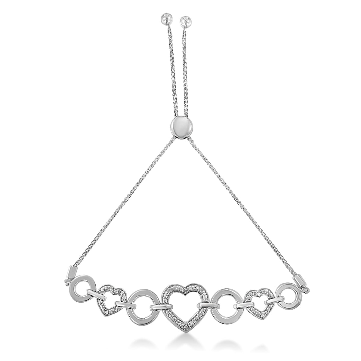 Brazalete de bolo ajustable de plata de ley .925 con eslabones de corazón y diamante redondo de 1/10 Cttw (color H-I, claridad I2-I3) - Ajustable de 6" a 9"