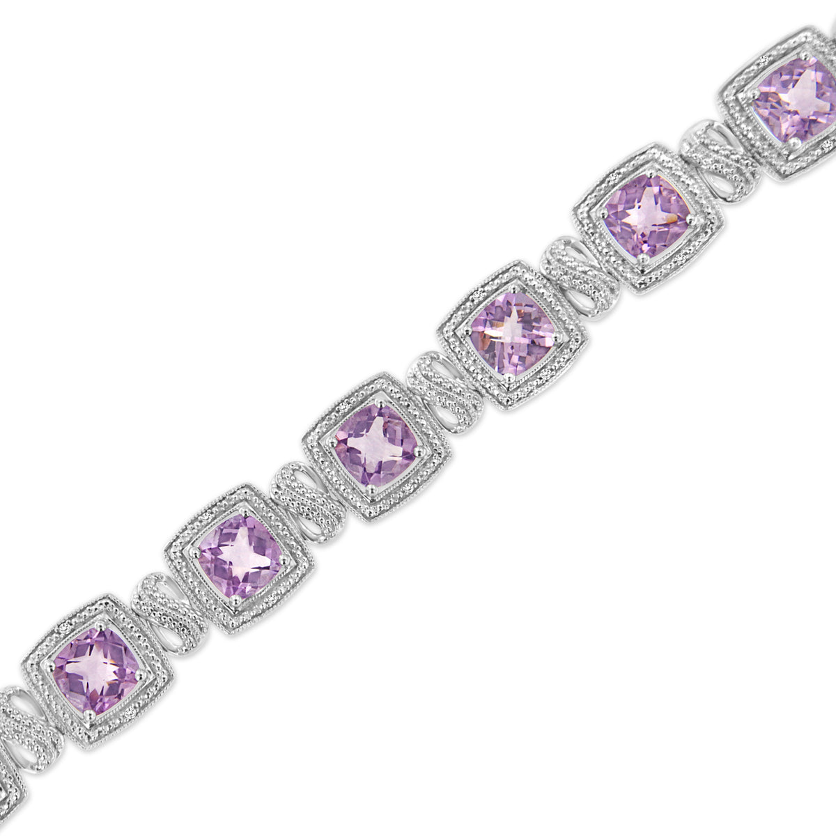 Pulsera de tenis de plata de ley .925 de 7x7 mm con amatista púrpura de corte cojín y diamante redondo de 1/10 cttw con forma cuadrada (color I-J, claridad I1-I2) - 7"