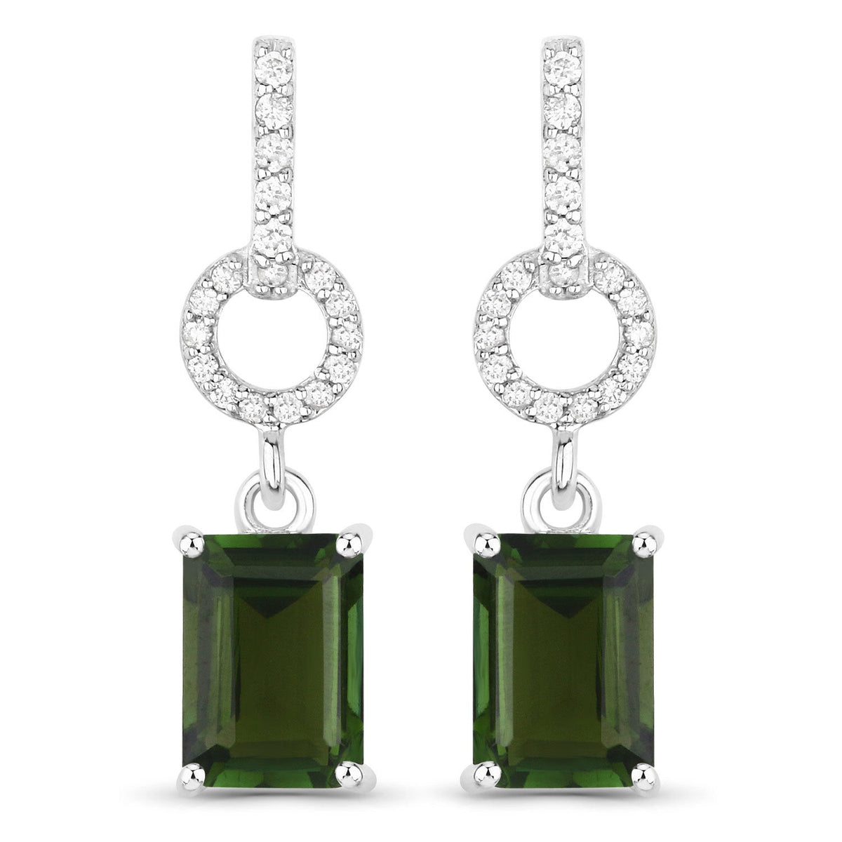 Pendientes de Oro Blanco de 14K con Turmalina Verde Genuina de 2.28 Quilates y Diamantes Blancos
