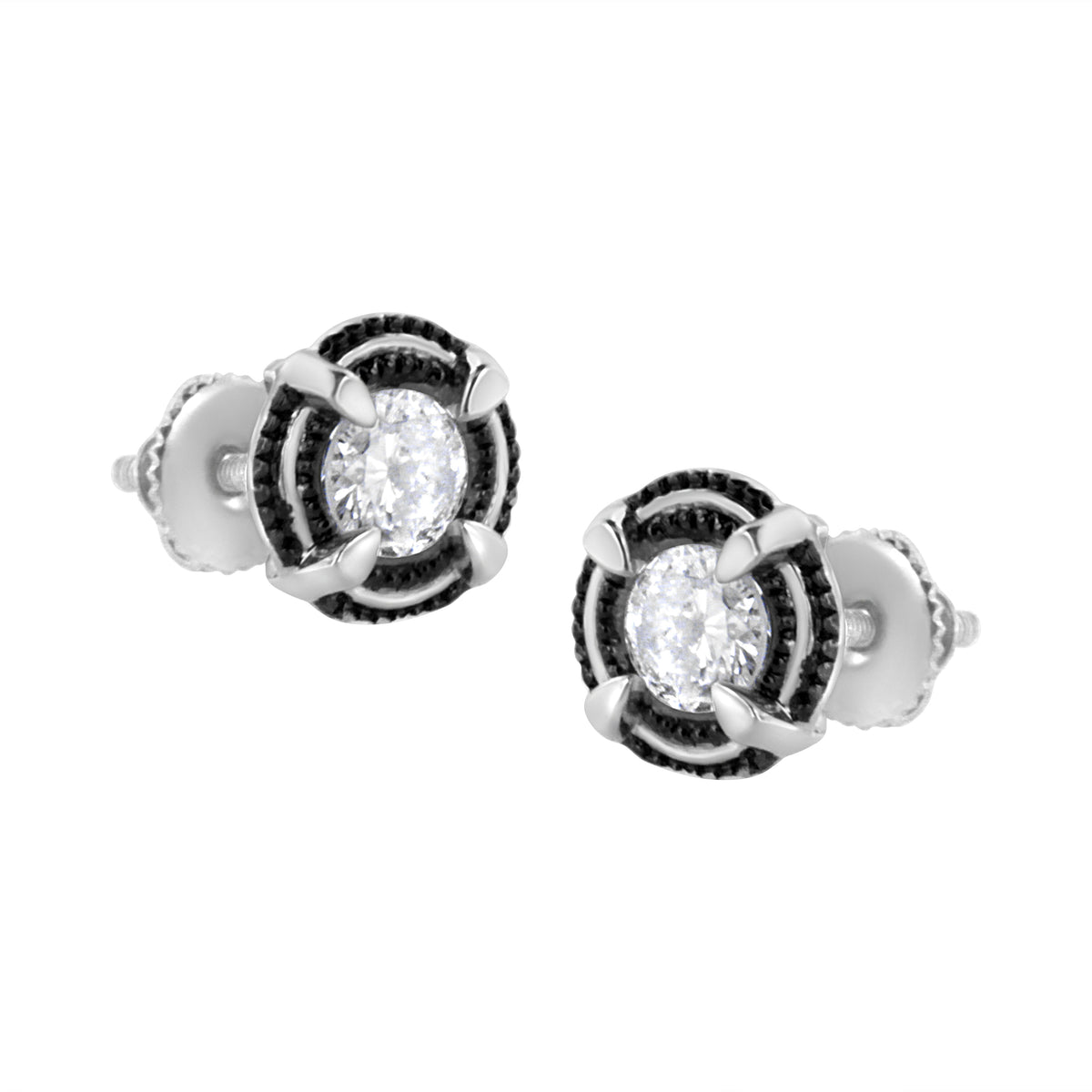 Pendientes de botón solitarios de doble halo de diamantes de 1-1/2 quilates de peso total, de plata de ley .925 bañada en rodio negro, con montura de 4 garras y milgrain (color H-I, claridad I2-I3)