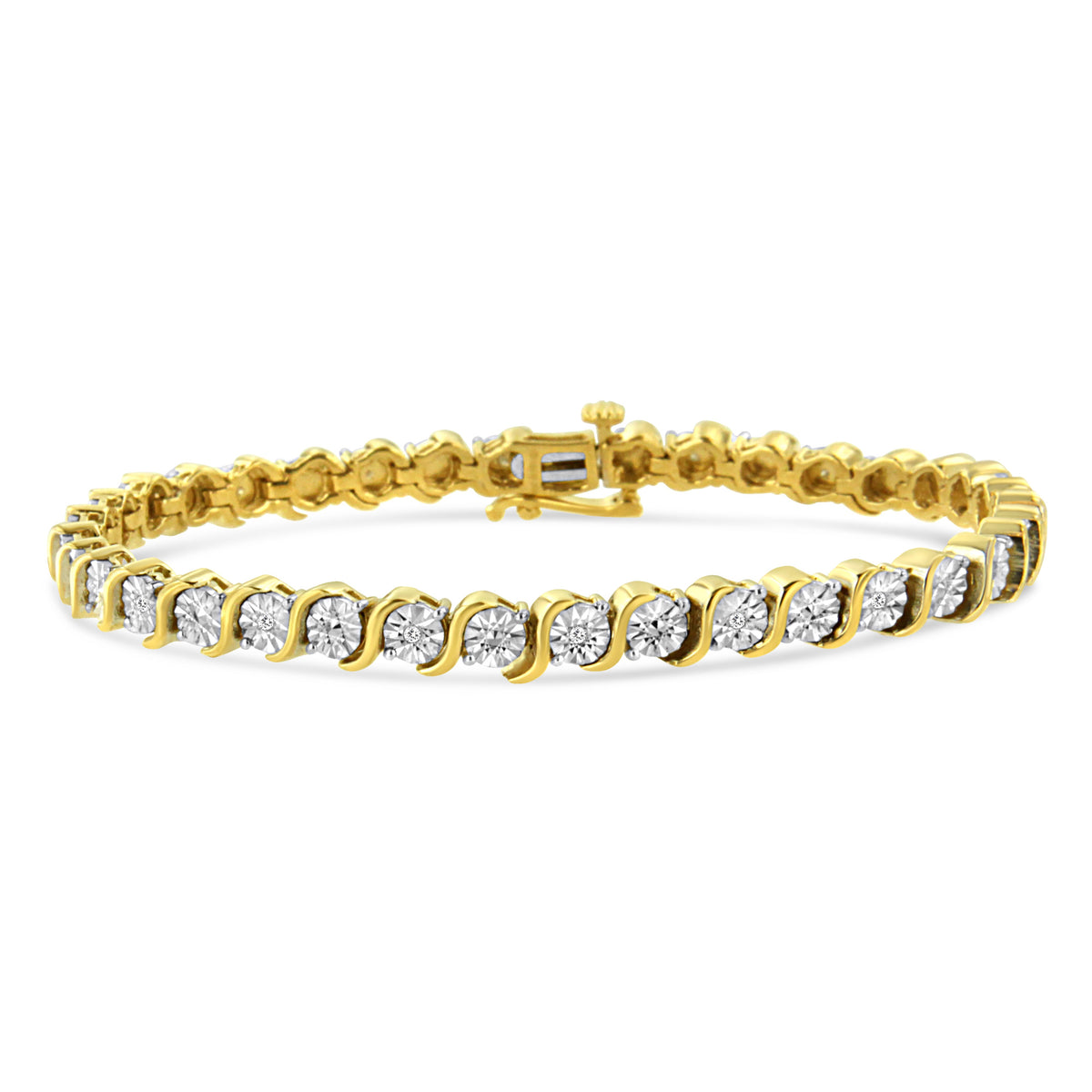 Pulsera de tenis de eslabones en "S" con placa de milagro redonda de diamante de 1/10 ct. (Color I-J, Claridad I2-I3) de plata de ley .925 chapada en oro rosa de 14K - 7"