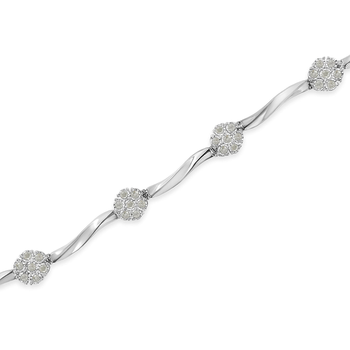 Pulsera de tenis de plata esterlina .925 con diseño de estación de diamantes en racimo de 1,0 Cttw con engaste milagroso y barra trenzada de 17,78 cm (color H-I, claridad I1-I2)