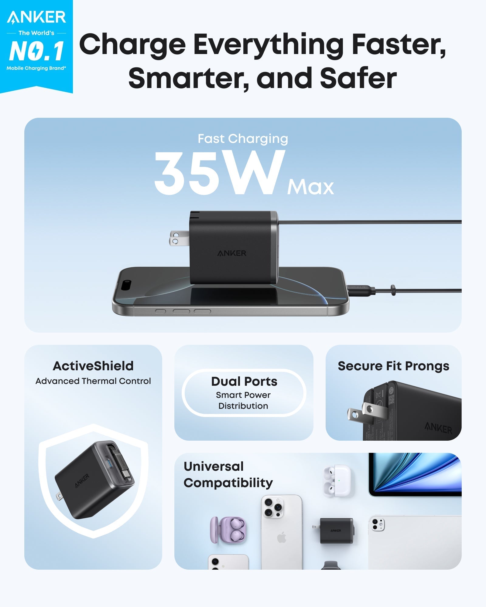 Cargador Anker Nano (35 W, cable USB-C retráctil integrado)