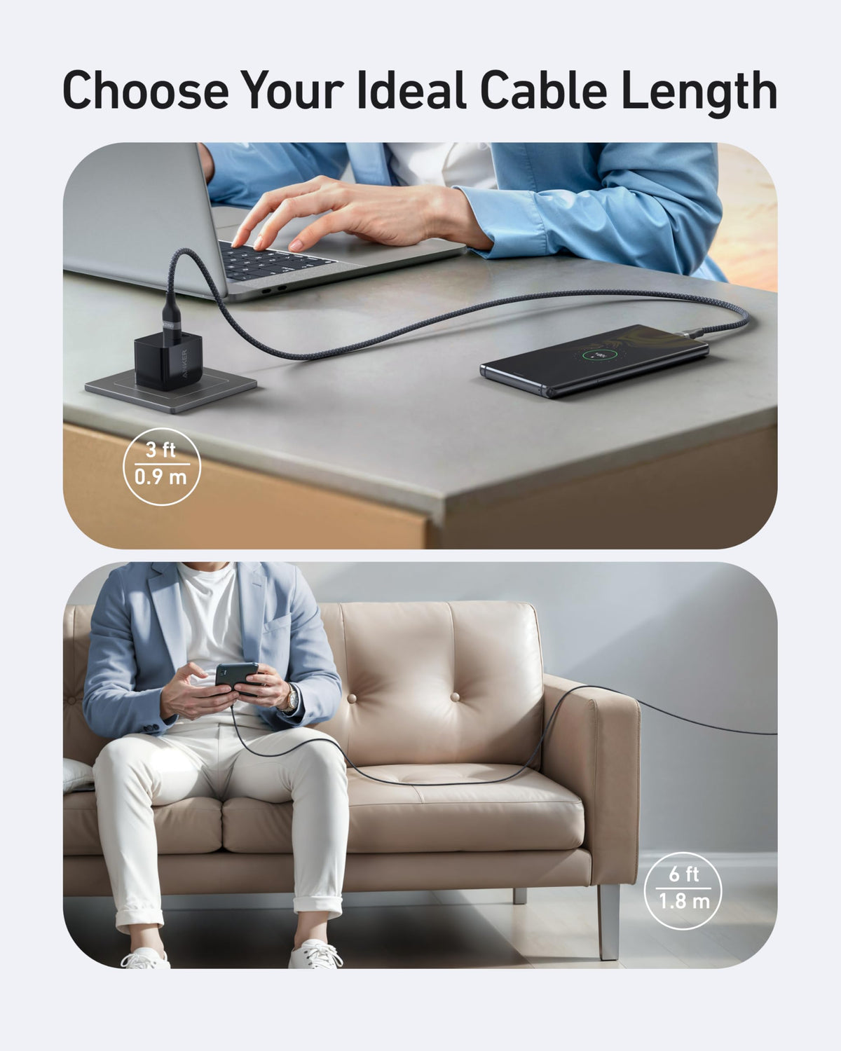 Cable Anker USB-A a USB-C (0,9 m/1,8 m, trenzado reciclado)