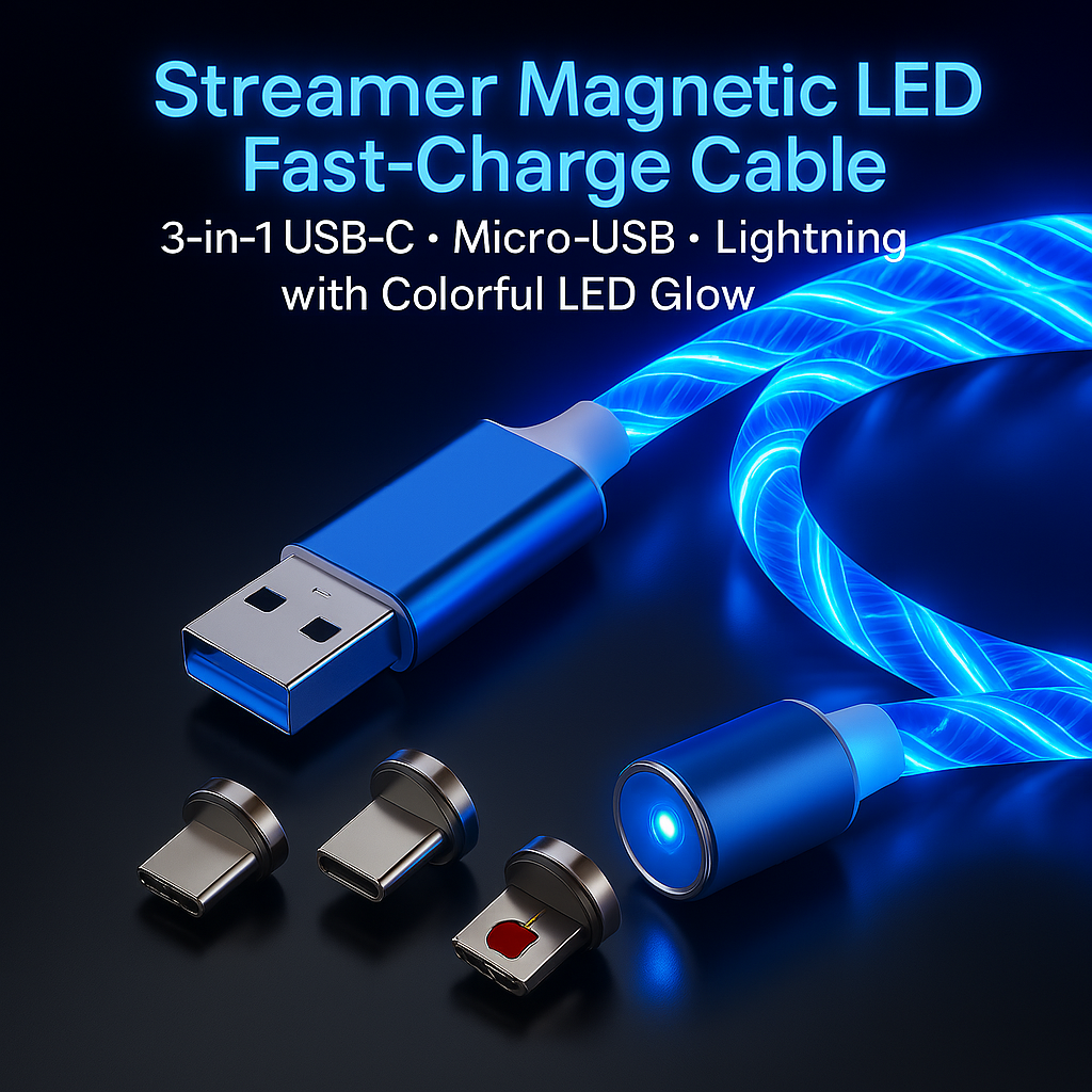 Cable magnético de carga rápida con LED Streamer: 3 en 1 USB-C, micro-USB y Lightning con brillo LED de colores (1 m/2 m) 