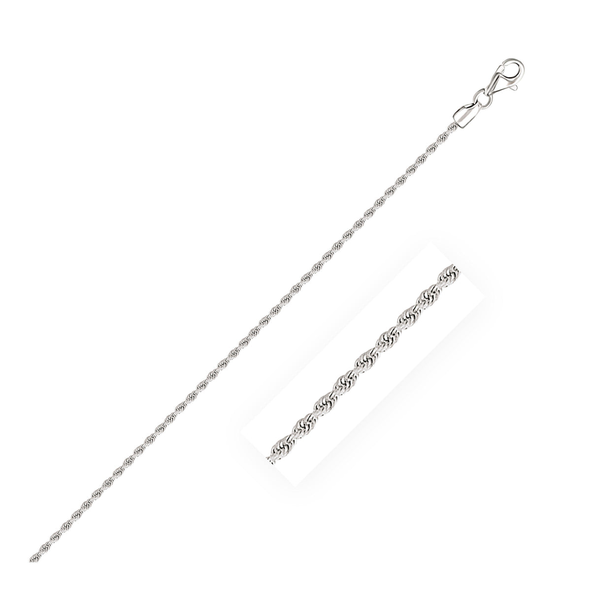 Cadena de soga de 2.0mm de oro blanco de 14k macizo con corte de diamante