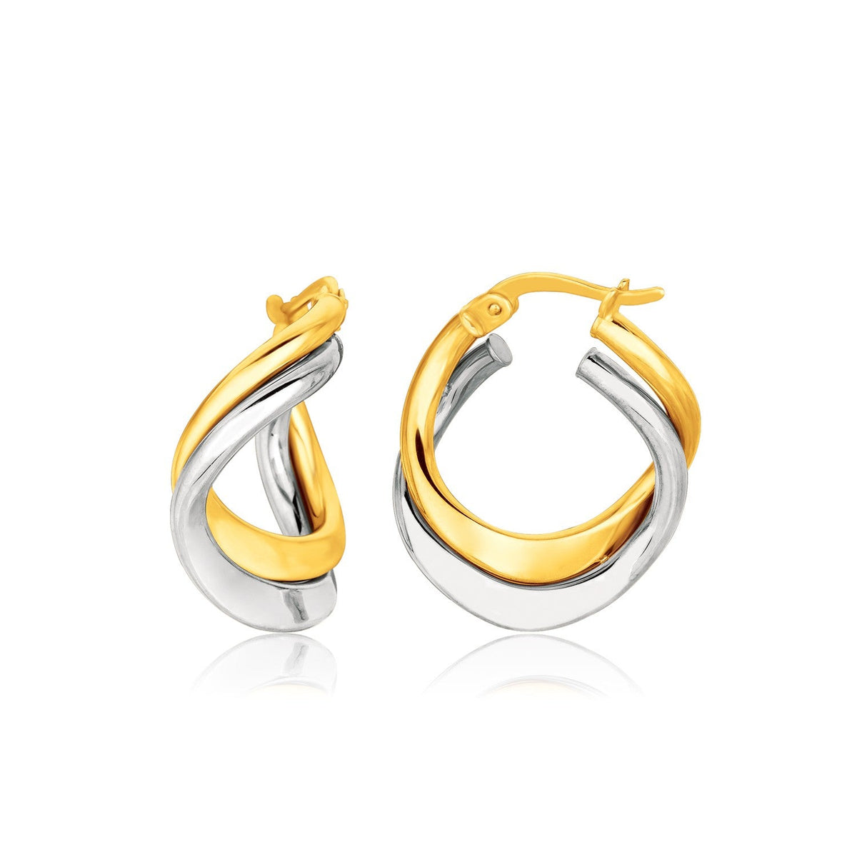 Pendientes de oro de dos tonos de 14k con un elegante estilo de doble giro