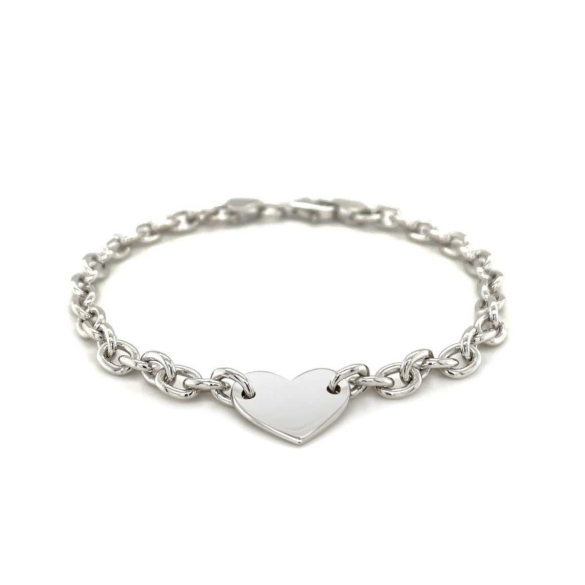 Pulsera de cadena de plata de ley con baño de rodio y corazón plano