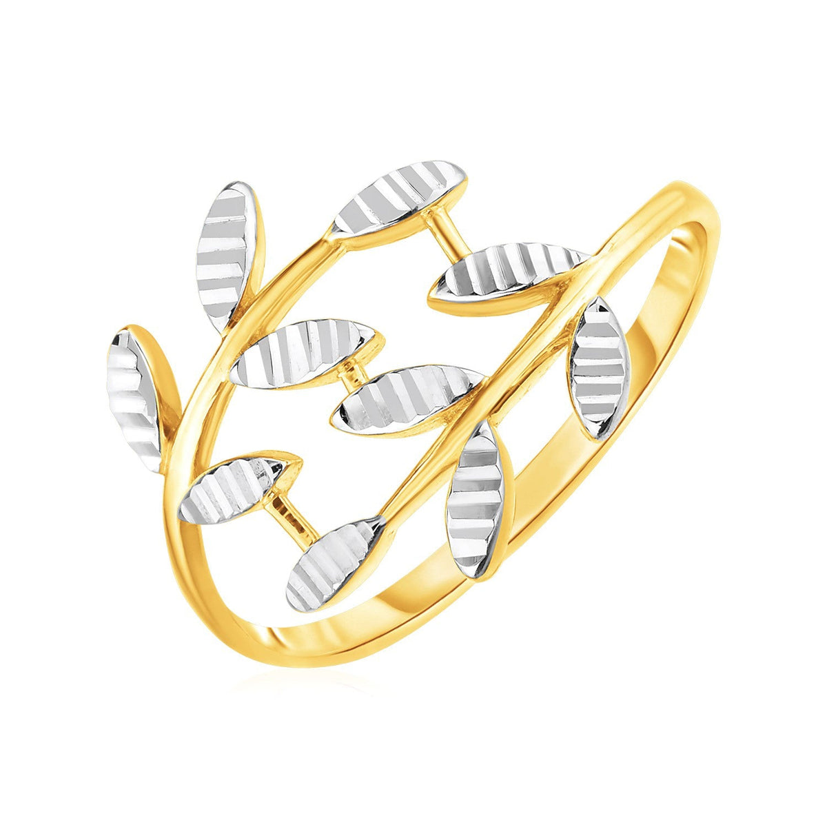 Anillo Crossover de Oro Bicolor de 14k con Hojas Texturizadas