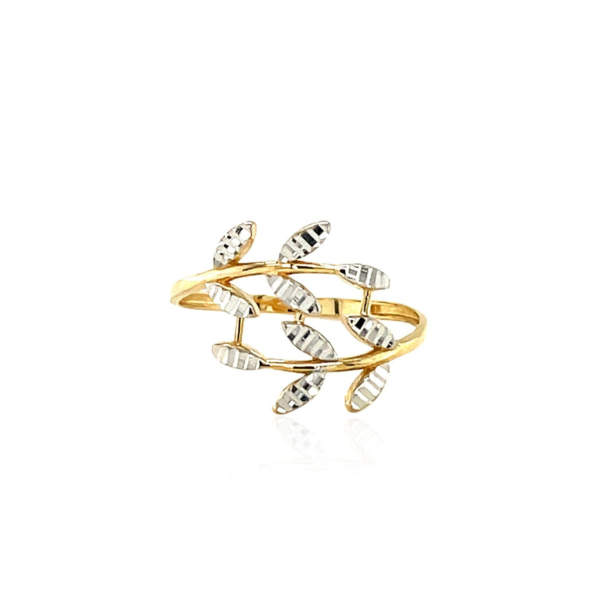 Anillo Crossover de Oro Bicolor de 14k con Hojas Texturizadas