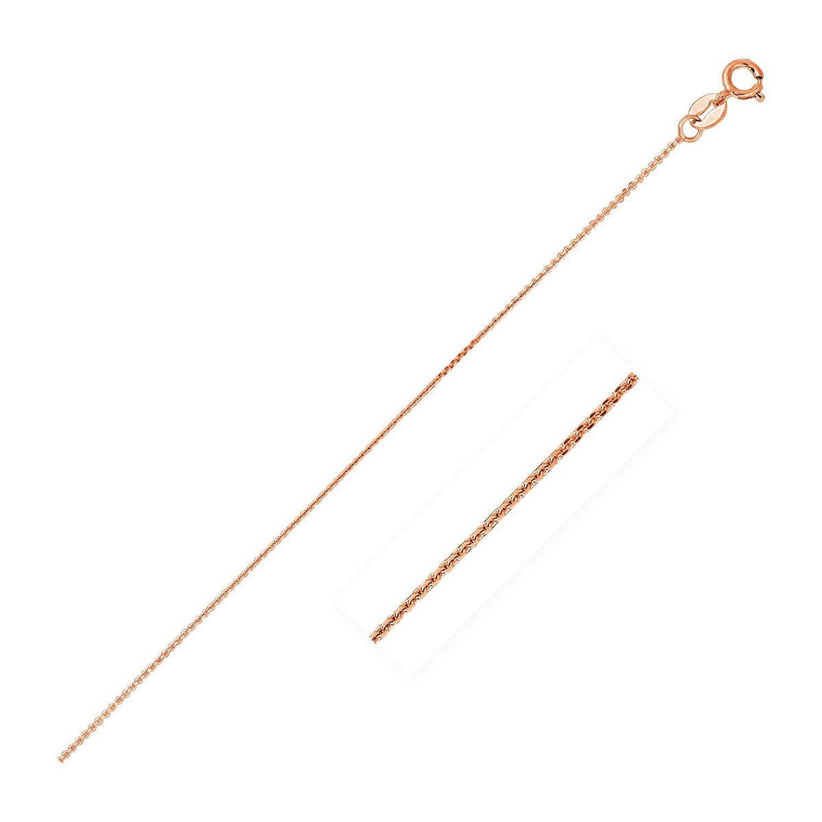 Cadena de eslabones tipo cable con corte de diamante de oro rosa de 14k y 0,8 mm