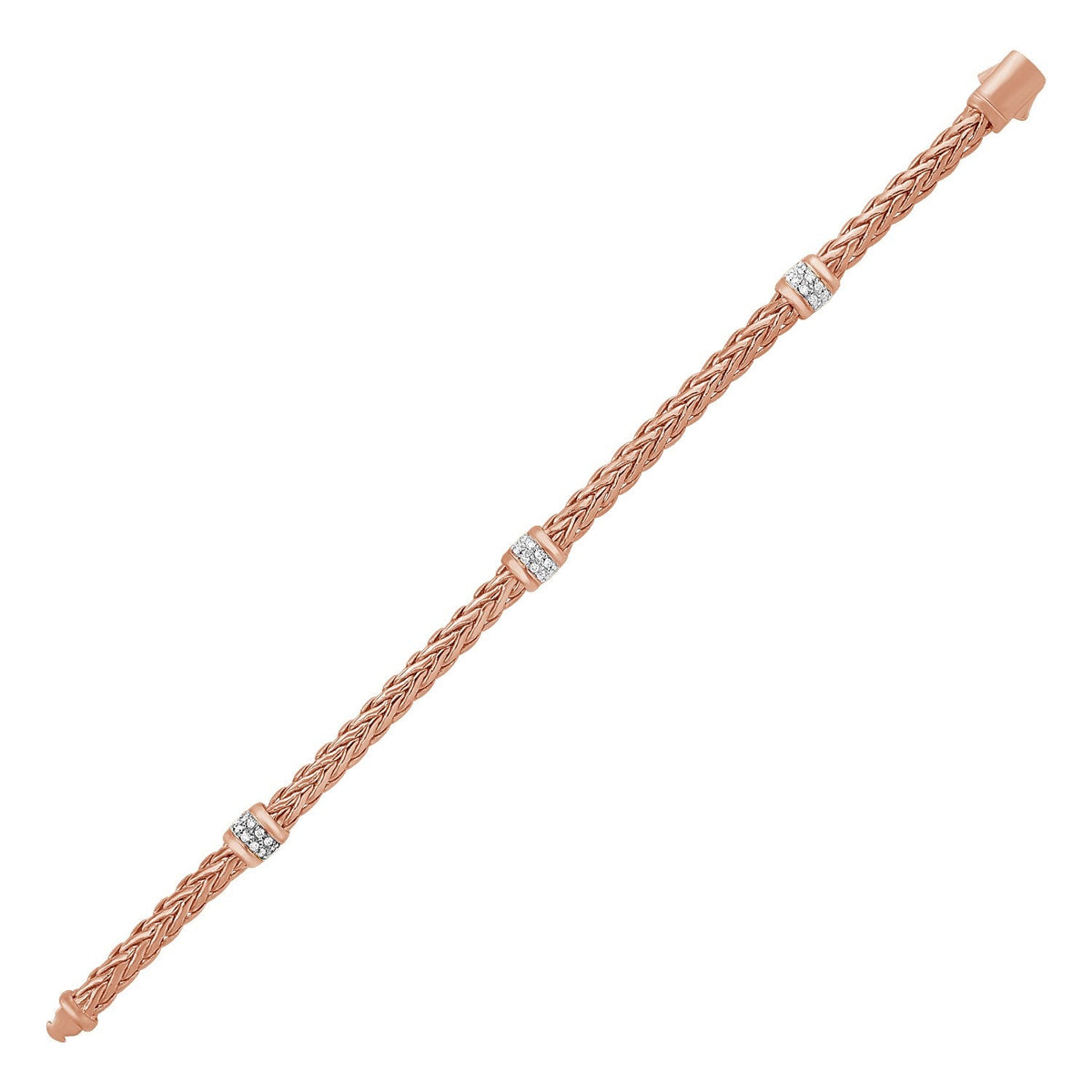 Pulsera de cuerda trenzada pulida con detalles de diamante en oro rosa de 14k