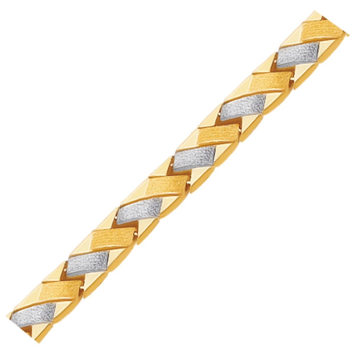 Pulsera de oro bicolor de 14k con diseño de fantasía entrelazado y acabado en contraste