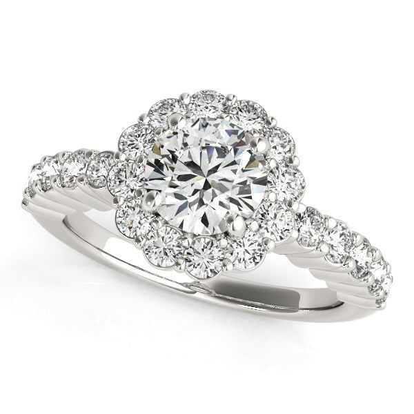 Anillo de compromiso de oro blanco de 14 quilates con diamantes de talla redonda con motivo floral (1 5/8 quilates en total)